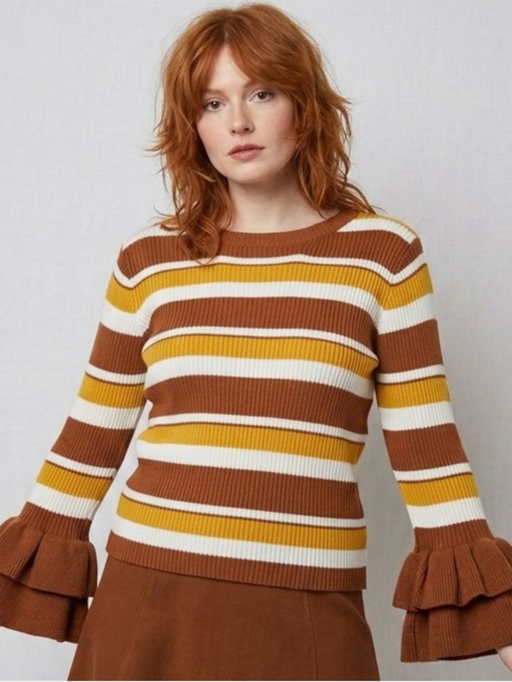 Vintage Retro Striped Brown Yellow White Sweater Ruffle Sleeve Size Small Women